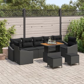 Conjunto de Sofá de Jardim de 10 Peças com Almofadas Preto Rattan Poliéster Acácia