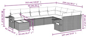 10 pcs conjunto sofás de jardim c/ almofadões vime PE preto