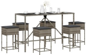 7 pcs conjunto de bar p/ jardim c/ almofadões vime PE cinzento