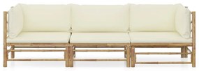 3 pcs conj. lounge p/ jardim em bambu c/ almofadões branco nata