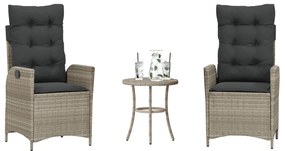 vidaXL 3 pcs conjunto bistrô com almofadões vime PE cinzento claro