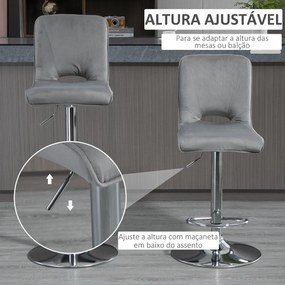 Conjunto de 2 Bancos de Bar Cadeiras Altas com Altura Ajustável e Giratórios com Estrutura de Metal e Apoio para os Pés 41x51x97-117cm Cinza