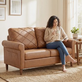 Sofá de 2 Lugares de PU com Pés de Madeira Encosto com Costuras Sofá Moderno para Sala de Estar Quarto Castanho