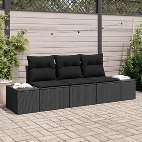 vidaXL Conjunto de Sofá de Jardim de 3 Peças com Almofadas Preto Polirattan