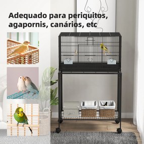 Gaiola para Pássaros com Rodas 77x46x119 cm Bandeja Amovível 2 Poleiros 2 Comedouros e Prateleira de Armazenamento Preto