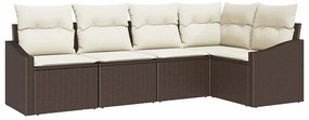 Conjunto de Sofá de Jardim de 5 Peças com Almofadas Marrons em Rattan