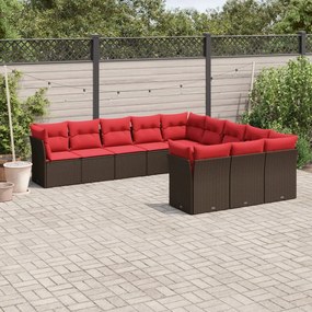 vidaXL 11 pcs conjunto sofás de jardim c/ almofadões vime PE castanho