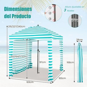 Tenda Guarda-sol de praia portátil com parede lateral amovível Bolsa de transporte 8 sacos de areia Proteção solar Exterior 183 x 183 cm Verde