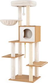 Arranhador para Gatos, 48 x 44 x 148 cm, 7 Níveis, Natural + Branco