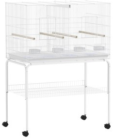 PawHut Gaiola para Pássaros com Divisória Rodas Gaiola para Aves com Comedouros Poleiros e Bandeja Removível 94x57x128 cm Branco