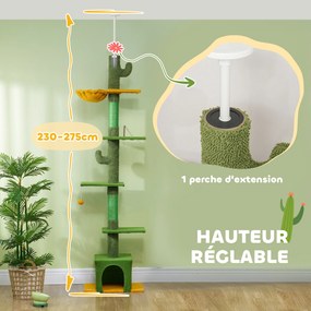 Arranhador para gatos, altura 275 cm, 6 níveis para gatos de interior, do chão ao teto, com plataformas, compartimentos abertos, casinha, rede, verde