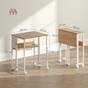 Secretária Dobrável com Rodas e Prateleira Mesa Secretária Compacta com Bolsa de Armazenamento 80x50x75 cm Madeira e Branco