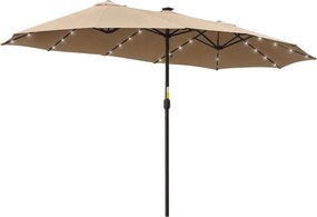 Outsunny Guarda sol Duplo de Jardim com 48 Luzes LED Solar 450x265x240cm Chapéu de Sol de Exterior Manivela Proteção Solar Cáqui | Aosom Portugal