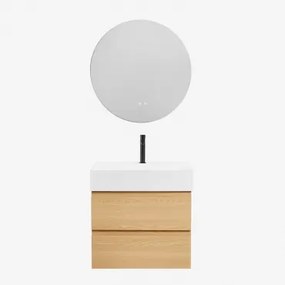 Conjunto De Móvel De Casa De Banho Suspenso Em Madeira E Folha De Freixo Com Lavatório Integrado Ona Madeira Natural & Redondo - Sklum