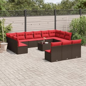 vidaXL 14 pcs conjunto sofás p/ jardim c/ almofadões vime PE castanho