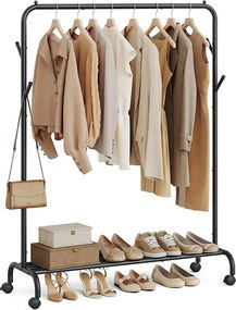 Cabideiro SONGMICS, Suporte para Roupas, Varal Individual para Pendurar Roupas, Estrutura de Metal Resistente, com Rodas e Prateleira, Carga Máxima Total de 50 kg, 103,5 cm de Largura, Armazenamento de Roupas, Tinta Preta HSR131B01