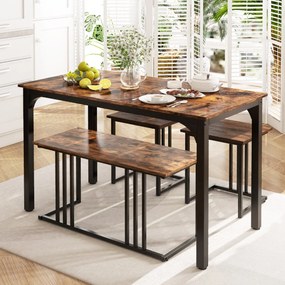 Conjunto de mesa de jantar de 4 peças com banco e 2 bancos com estrutura metálica Conjunto de móveis de cozinha industrial Castanho