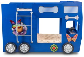 Cama para criança Beliche Autocarro 207 x 116 x 150 cm com Luzes LED 2 colchões e estrados incluídos, capacidade de 100 kg Azul