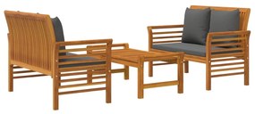 3 pcs conjunto lounge de jardim c/ almofadões acácia maciça