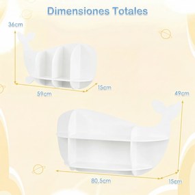 Conjunto de 2 prateleiras suspensas em forma de baleia com compartimentos abertos - Estante suspensa em madeira para quarto infantil ou creche - Branc