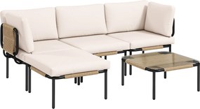 Outsunny Conjunto de Móveis de Jardim em Polyrattan 5 peças Lounge com 3 Poltronas Mesa de Vidro Puff Assento Largo &amp; Profundo Almofadas Removíveis | Aosom Portugal