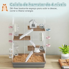 Gaiola para Hámster 47x30x70 cm Gaiola para Roedores com Túnel Plataformas Tigela Bebedouro Casinha Rampas e Roda Cinzento