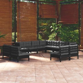 11 pcs conjunto lounge jardim c/ almofadões pinho maciço preto