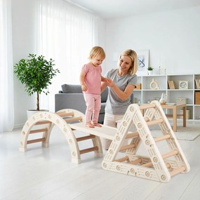 Conjunto de triângulo para crianças de escalada Montessori 5 em 1 com trepa-trepa em forma de triângulo Arco e escada dupla Bege + Castanho