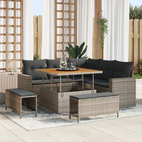 Conjunto de Sofás de Jardim com Almofadas Cinza Vime Acácia de 8 Peças