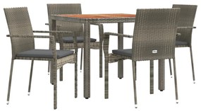 5 pcs conjunto de jantar p/ jardim c/ almofadões vime PE cinza