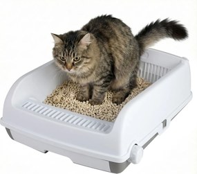 Caixa de areia semiautomática para gatos 60 x 46 x 24 cm com tampa aberta e laterais altas; banheira para gatos com tabuleiro tipo gaveta, branca