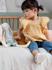 Conjunto blusa vichy em seersucker e jeans largos, para bebé amarelo medio quadrados