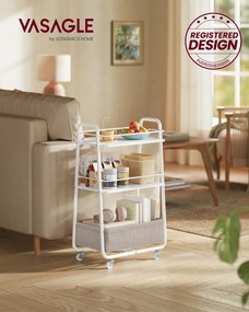Carrinho multifuncional com 3 níveis e cesto de tecido 43 x 30 x 81 cm Branco-Castanho camelo