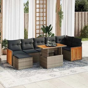 8 pcs conjunto sofás jardim almofadões vime PE/acácia cinzento