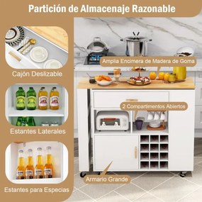 Carrinho de cozinha 2 em 1  com tampa de madeira Estante Suporte para garrafas Gaveta 120 x 40 x 100 cm Branco