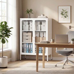 Armário de escritório 80 x 40 x 110 cm com 2 portas de vidro, 2 prateleiras ajustáveis, móvel de arrumação para escritório em aço, branco