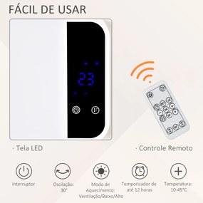 HOMCOM Aquecedor Cerâmico de Parede 1000/2000W com Controle Remoto Tela LED Termostato Temporizador e Proteção contra Superaquecimento para 25m² 56x18,5x11,5cm Branco