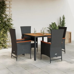 vidaXL 5 pcs conjunto de jantar p/ jardim c/ almofadões vime PE preto