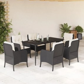 7 pcs conjunto de jantar p/ jardim c/ almofadões vime PE preto