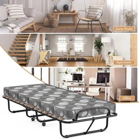 Cama dobrável individual com colchão 80 x 190 cm, estrutura metálica e 4 rodas, capacidade de carga de 130 kg para hóspedes, cinza