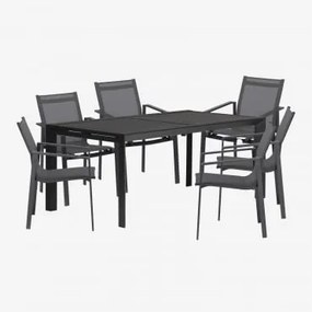 Conjunto De Mesa Extensível Retangular Starmi, 180-240x100 Cm, Feito De Alumínio E 6 Cadeiras De Jardim Eika. Cinza Grafito - Sklum
