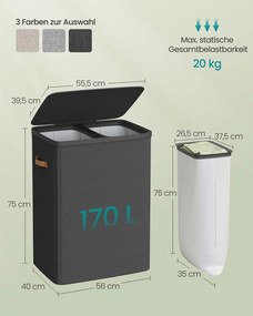 Cesto para roupa suja 170 L com 2 compartimentos 56 x 40 x 75 cm Preto