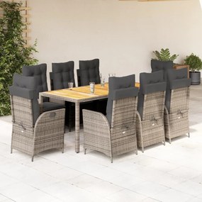 vidaXL 9 pcs conjunto de jantar p/ jardim c/ almofadões vime PE cinza