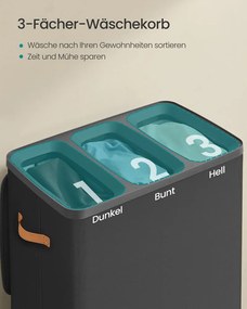 Cesto de roupa suja 64 x 40 x 75 cm com 190 litros e 3 compartimentos, preto