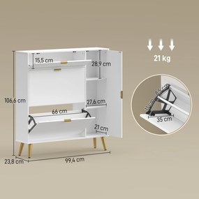 Sapateira com capacidade para 12 pares 99,4 x 23,8 x 106,6 cm, 2 gavetas rebatíveis, 4 compartimentos, branco
