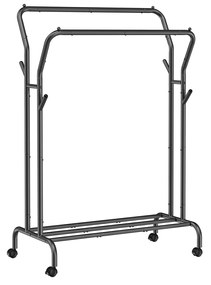 Cabideiro SONGMICS, Suporte Duplo para Roupas, Estrutura de Metal Resistente, com Rodas e Prateleira, Carga Máxima Total de 100 kg, 103,5 cm de Largura, Armazenamento de Roupas, Preto HSR107B01