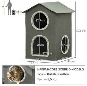 Casa para Gatos de 2 Níveis Cama para Gatos Caverna para Gatos com 3 Portas e Almofadas Laváveis 42x46x59,5 cm Cinza