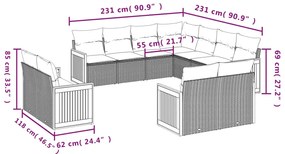 11 pcs conjunto sofás de jardim c/ almofadões vime PE bege