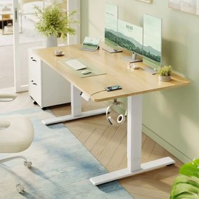 Secretária elétrica 140 x 80 x (72-120) cm com altura ajustável, porta USB e função de memória, bege e branca