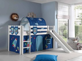 Conjunto Cama alta de Criança PINO 90 x 200 cm + estrado + escada + escorrega + cortina + 3 bolsas + túnel Astronauta branca
